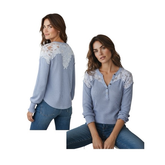 Free People Easy Breeze Appliqué Lace Henley Top - Picture 1 of 16
